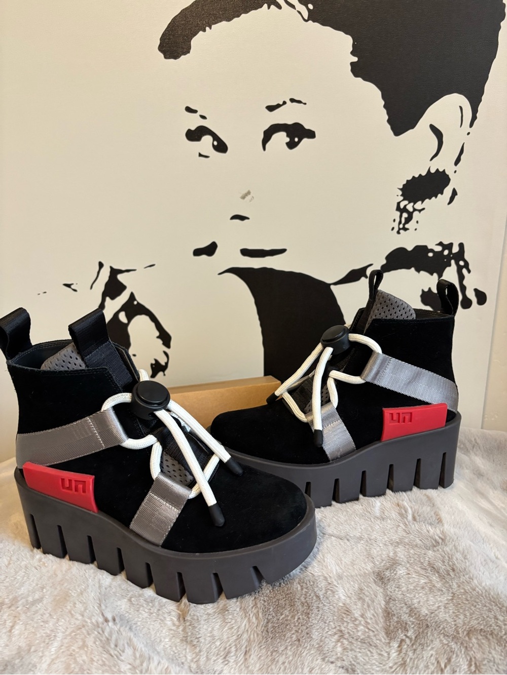 United Nude Black Suede Lace-Up Platform Boots with Gray Straps and Red Accent